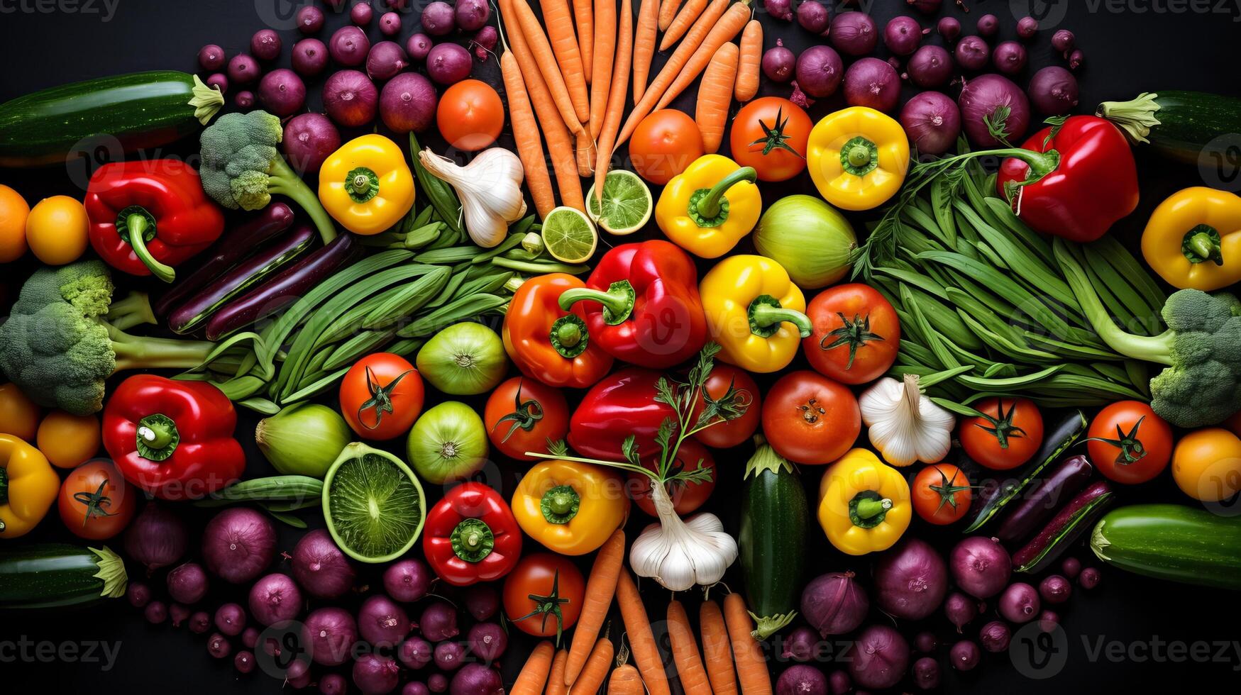 AI generated A colorful array of vegetables arranged in an appetizing pattern. Generative AI photo