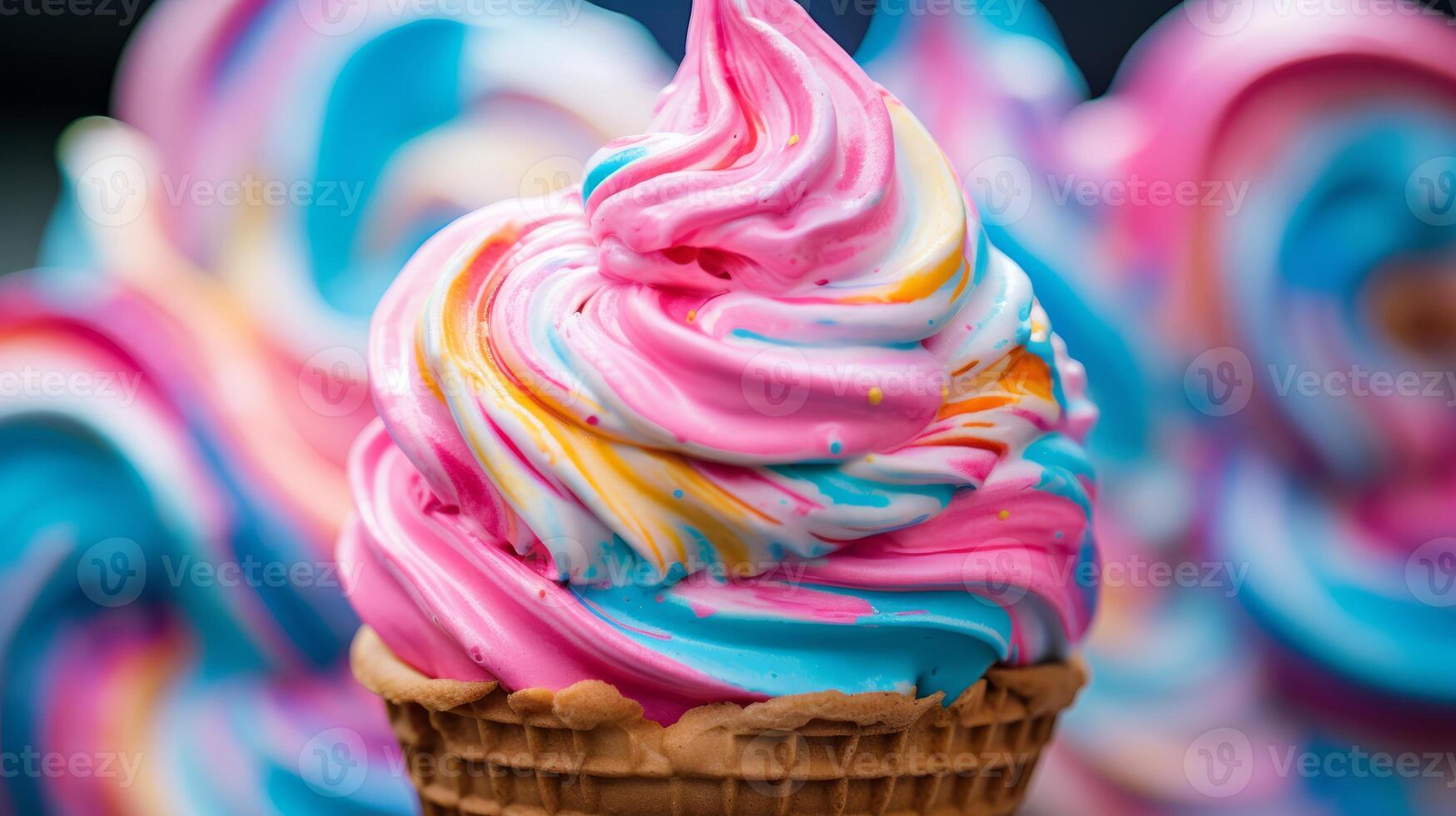AI generated A colorful ice cream swirl on a waffle cone. Generative AI photo
