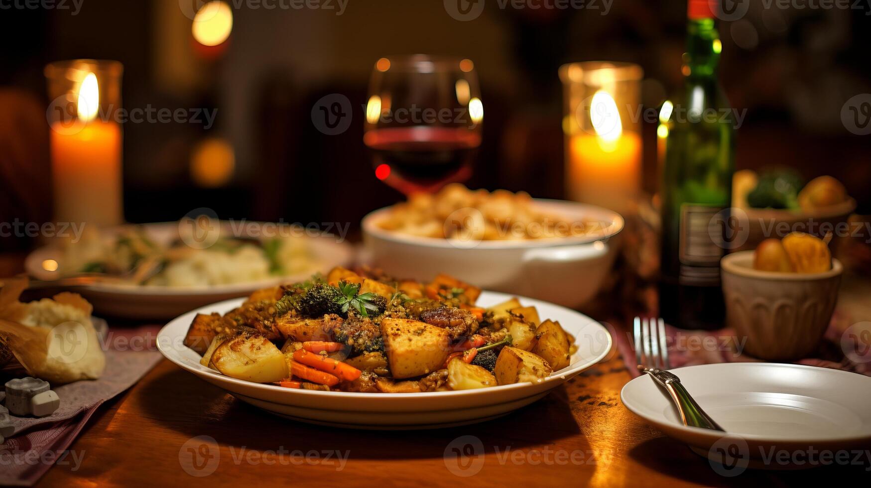 AI generated A cozy winter dinner table with comfort food. Generative AI photo