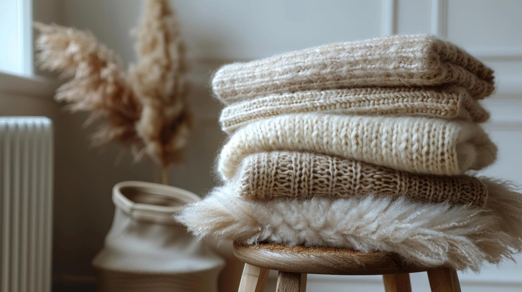 AI generated Stack of Blankets on Wooden Stool photo