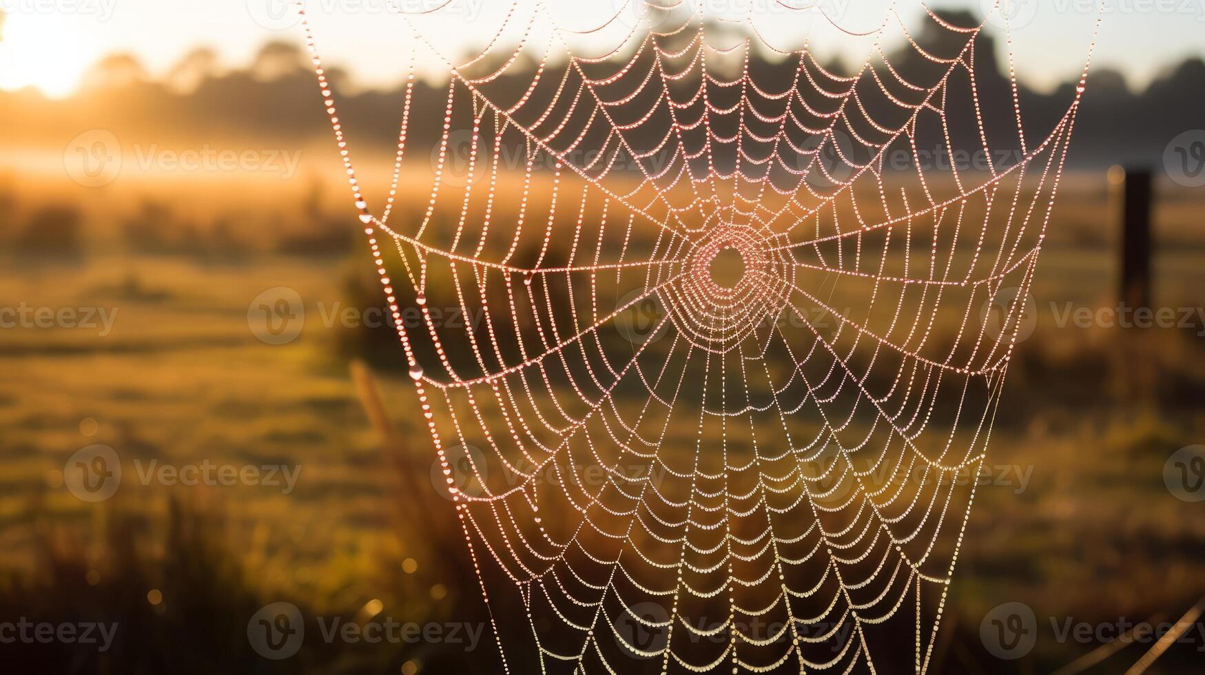AI generated A dewcovered spiderweb in the early morning light. Generative AI photo