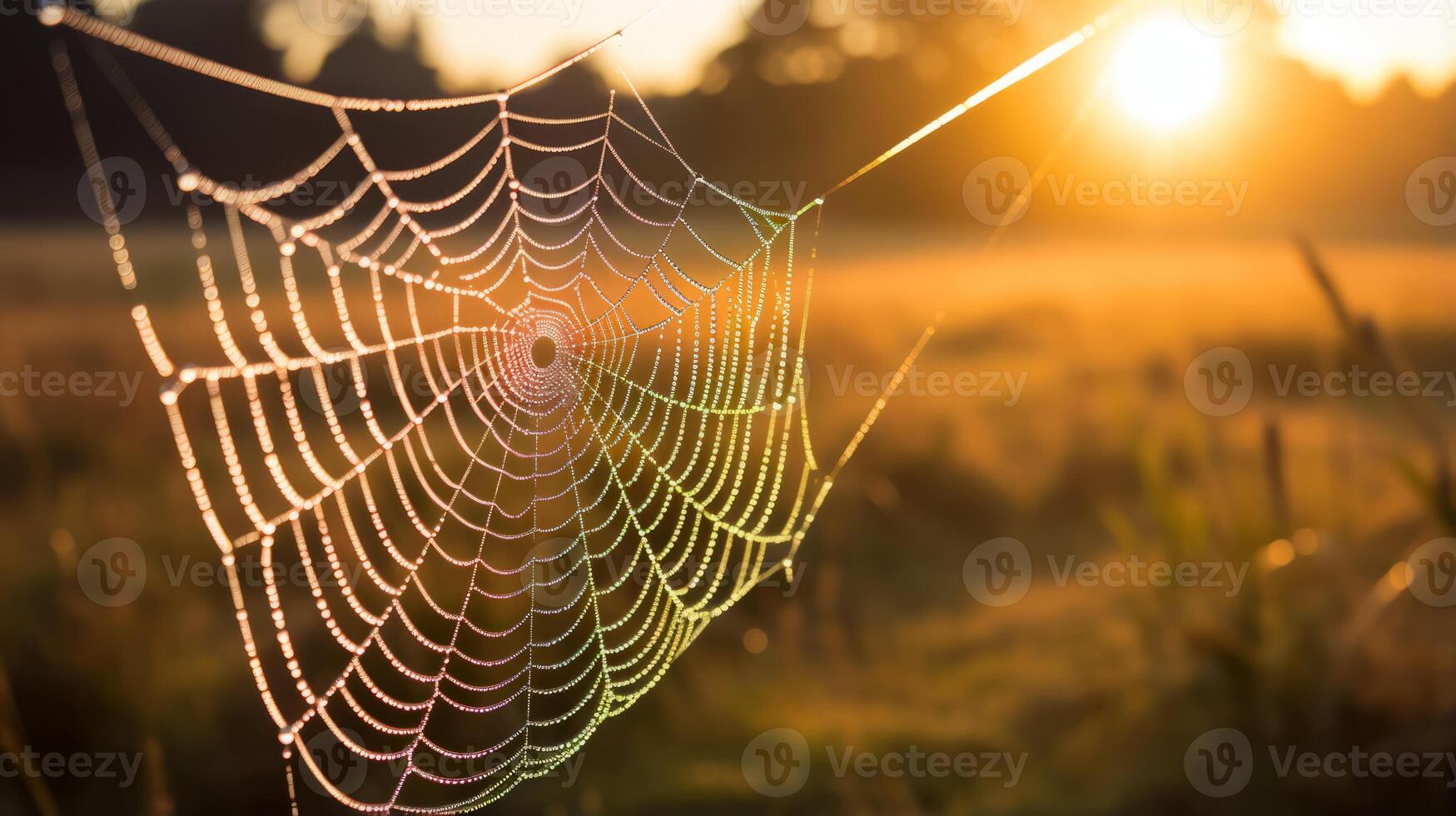 AI generated A dewy spiderweb illuminated by morning sun. Generative AI photo