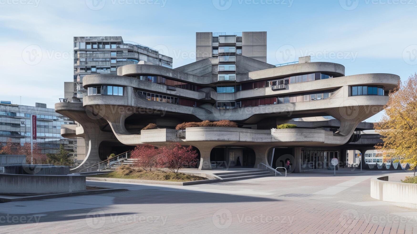 AI generated A futuristic brutalist building in an urban context. Generative AI photo