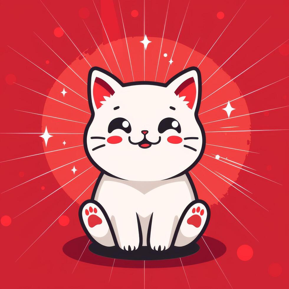 AI generated Flat logo featuring a chibi cat placed on a vibrant red lucky background. photo