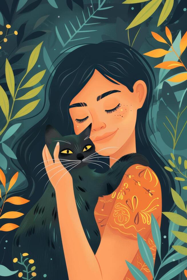 ai generado moderno plano ilustración contento mujer y gato ilustración foto