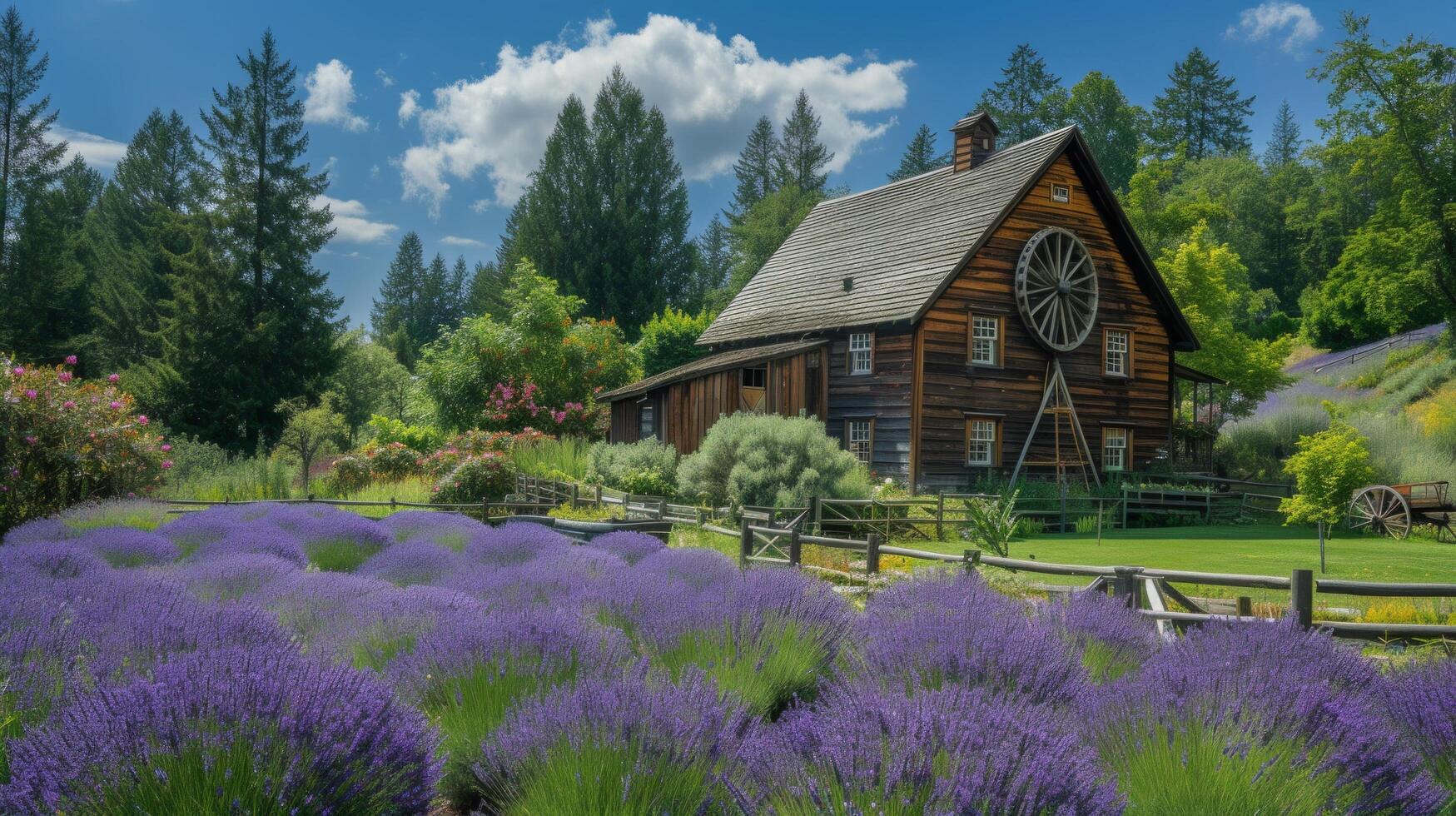 AI generated Rustic Wooden Mill Amidst Vibrant Lavender Field photo