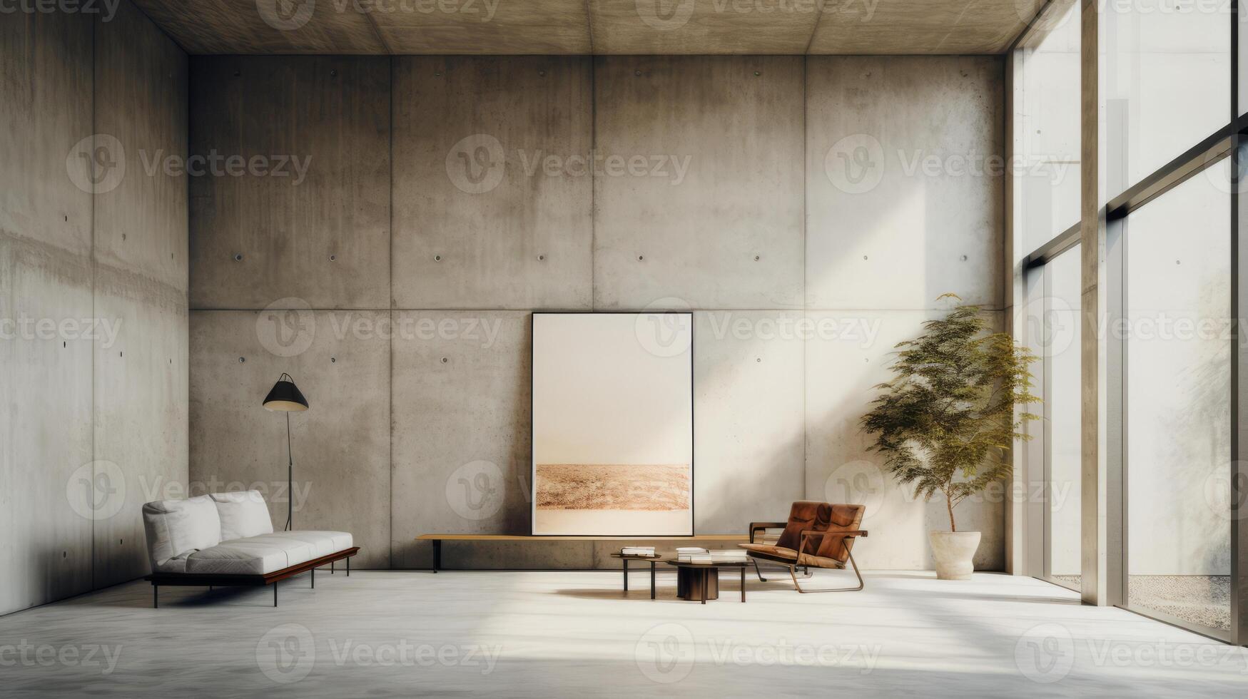AI generated A minimalist interior space in a brutalist setting. Generative AI photo
