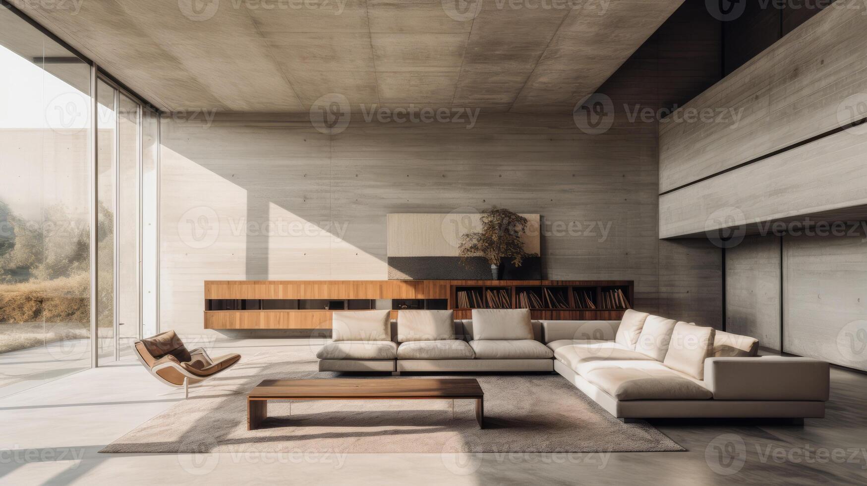 AI generated A minimalist interior highlighting brutalist design features. Generative AI photo