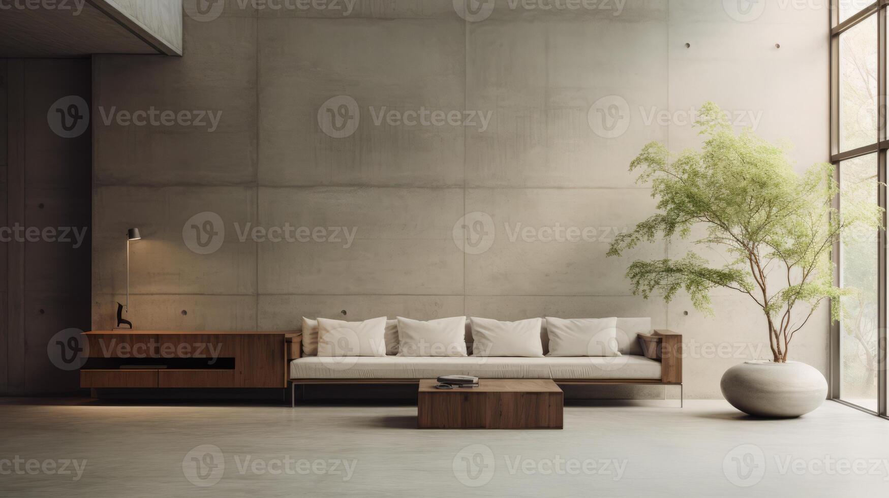 AI generated A minimalist interior space in a tranquil brutalist setting. Generative AI photo