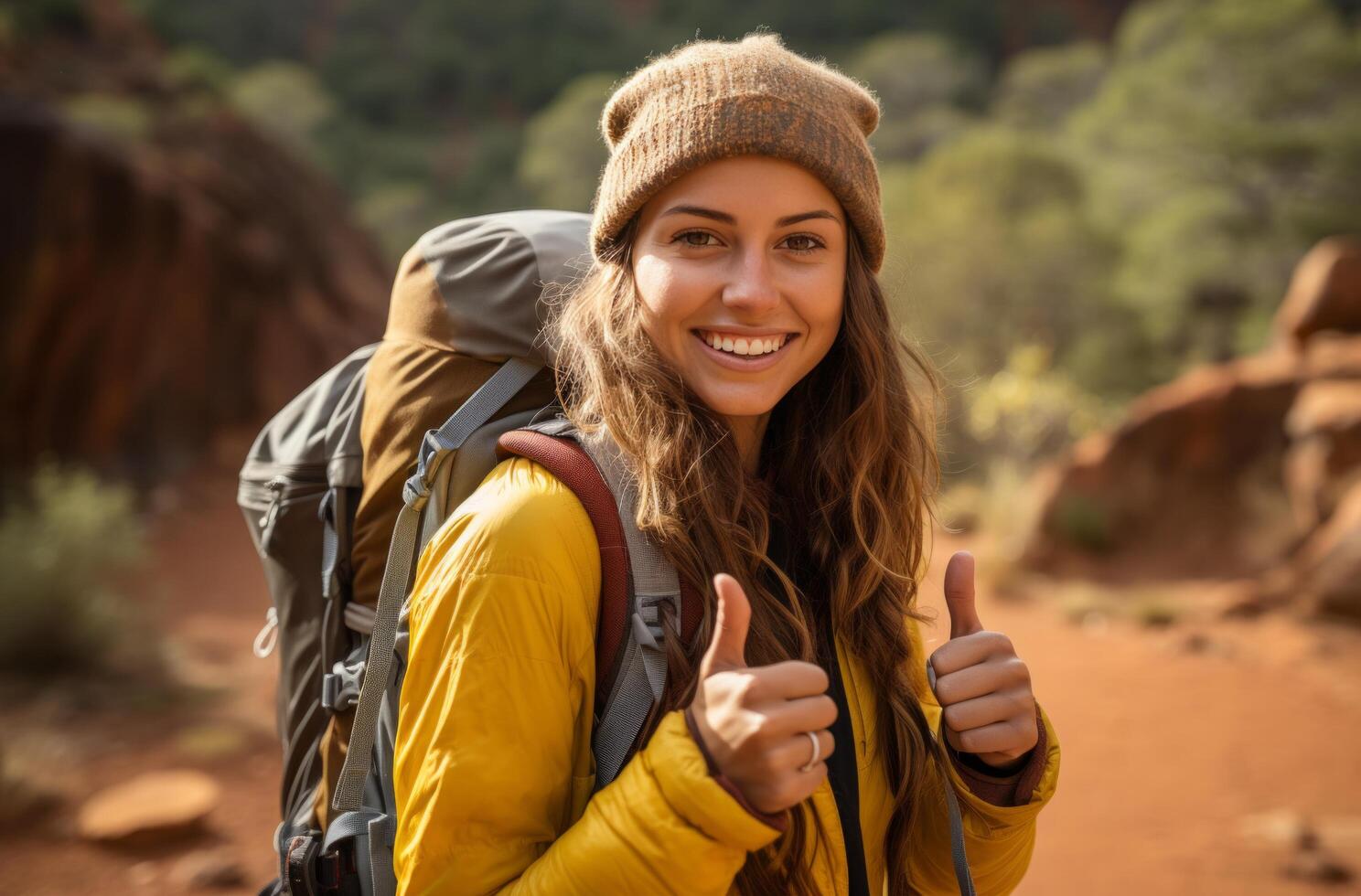 ai generado hembra caminante dando pulgares arriba con mochila en foto