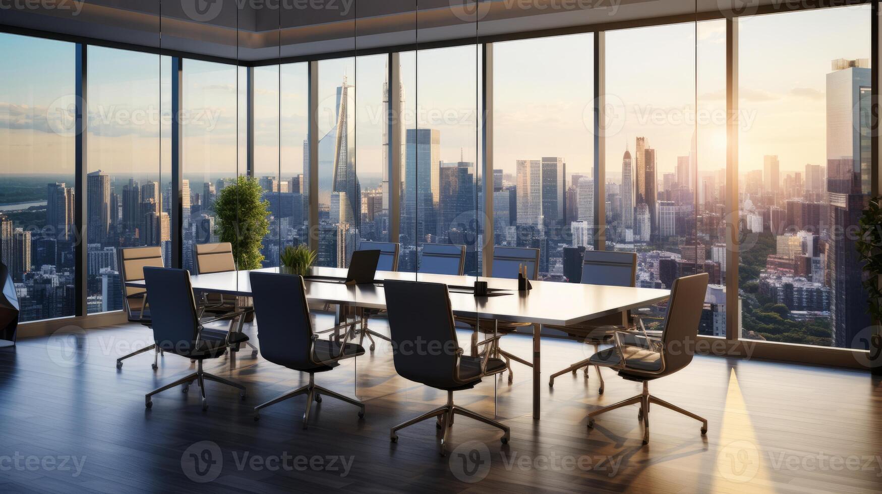 AI generated High-tech conference room with city view. Generative AI photo