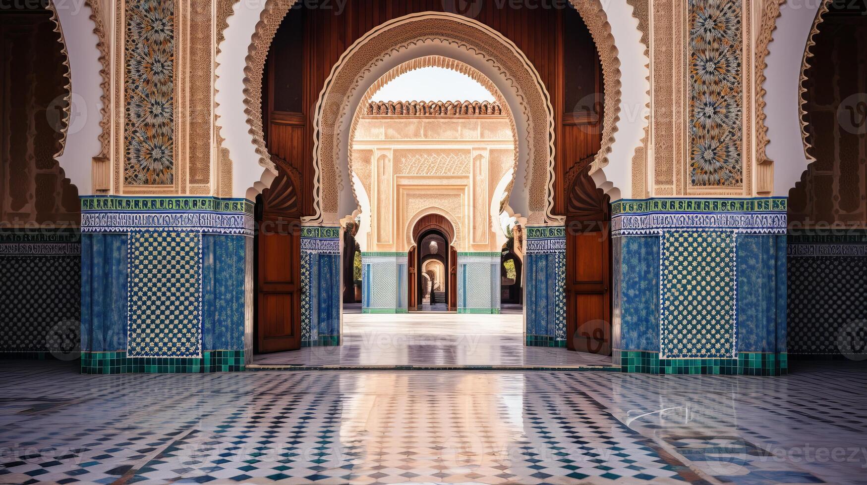 AI generated A mosque's intricate archway with mosaic details. Generative AI photo