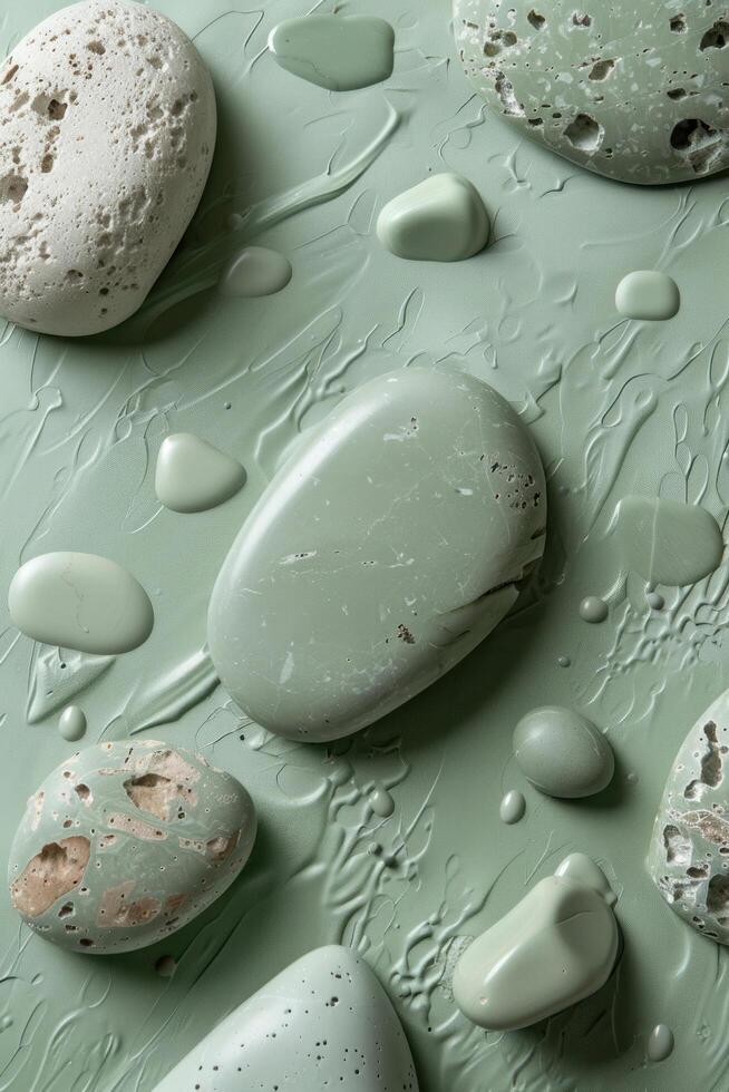 AI generated Minimalistic backdrop for branding and packaging display featuring random sandstone shapes on a sage green background photo