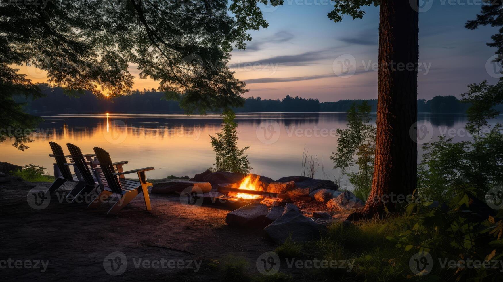AI generated A peaceful lakeside view with reflections for a serene ambiance. Generative AI photo