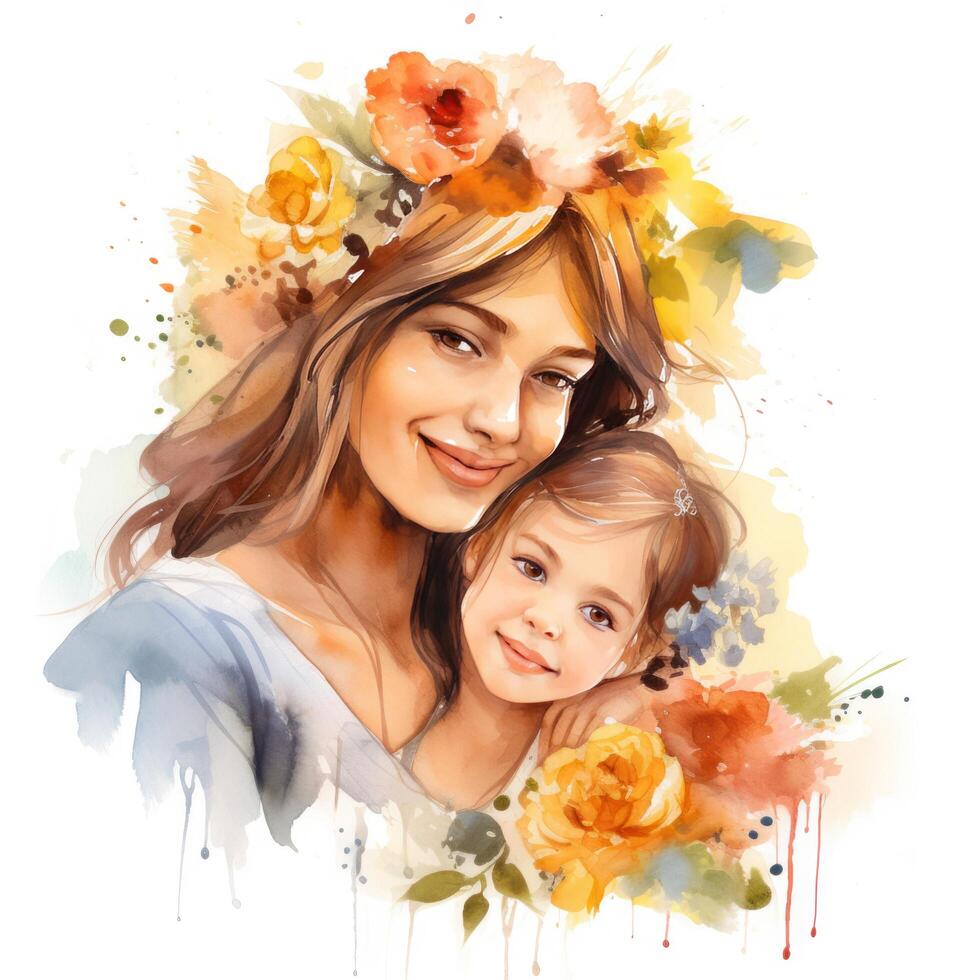 AI generated A tender watercolor illustration of a smiling mother and child photo