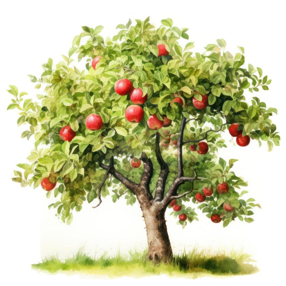 AI generated A richly detailed watercolor painting of a fruit-laden apple tree. photo