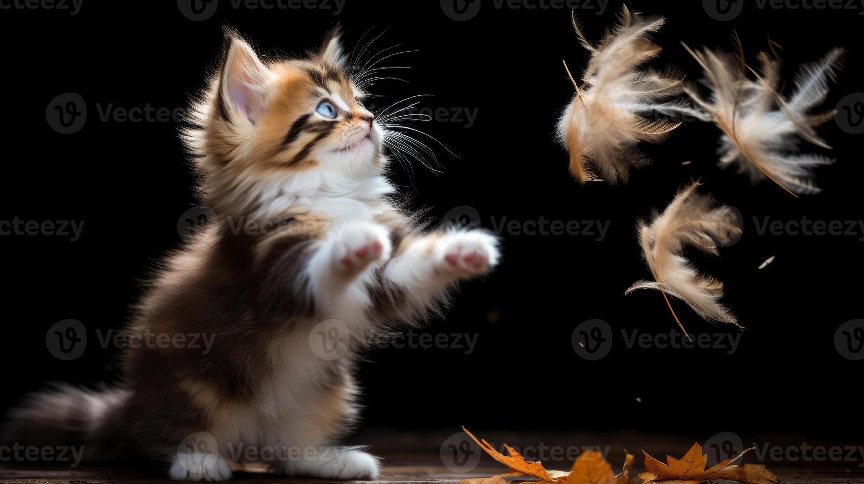 AI generated Playful kitten chasing feather. Generative AI photo