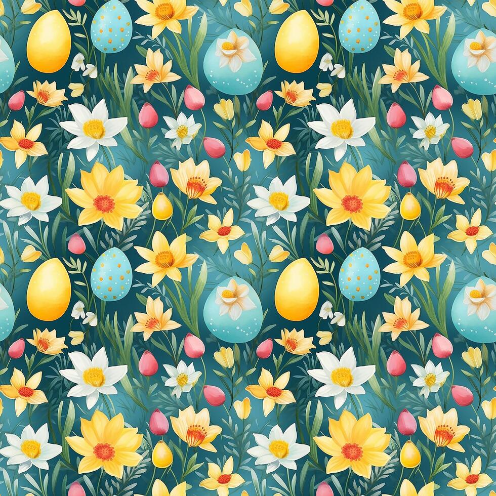 AI generated Easter Celebration Floral and Egg Pattern photo