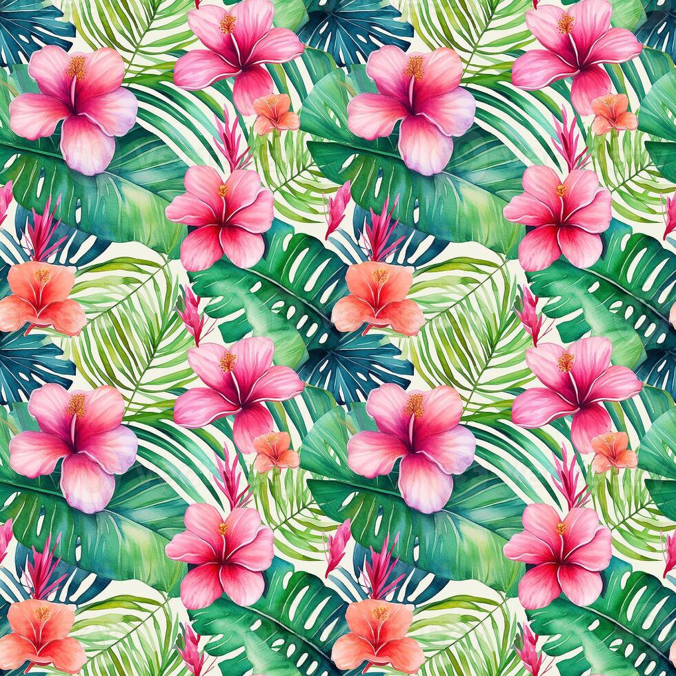 AI generated Tropical Paradise. Hibiscus and Palm Watercolor Pattern photo