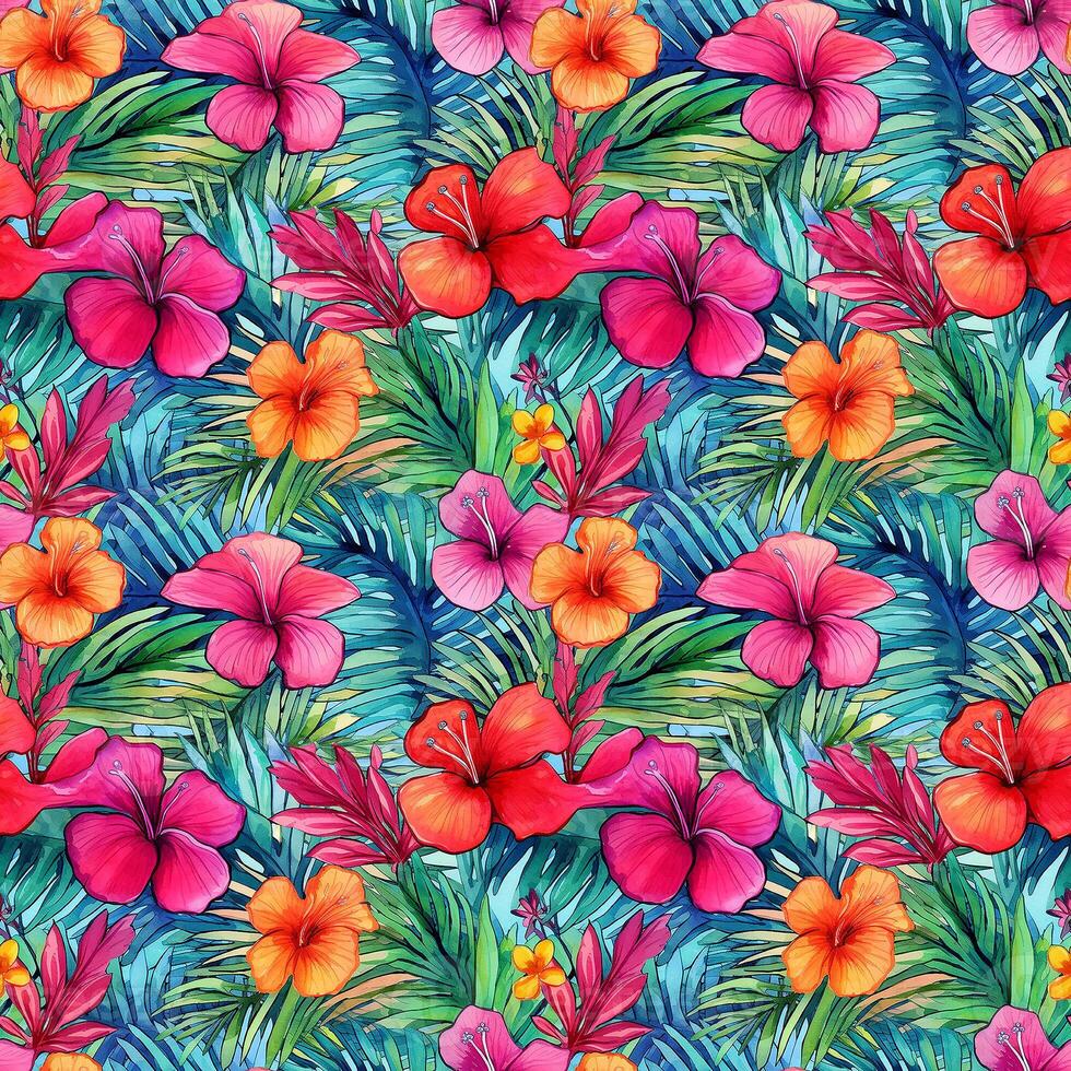 AI generated Tropical Paradise. Hibiscus and Palm Watercolor Pattern photo