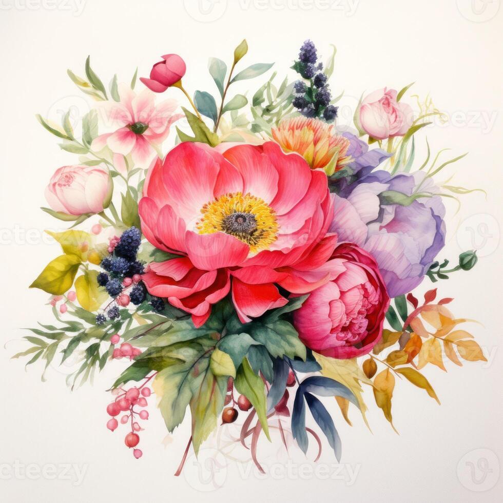 AI generated Watercolor bouquet featuring a variety of flowers photo