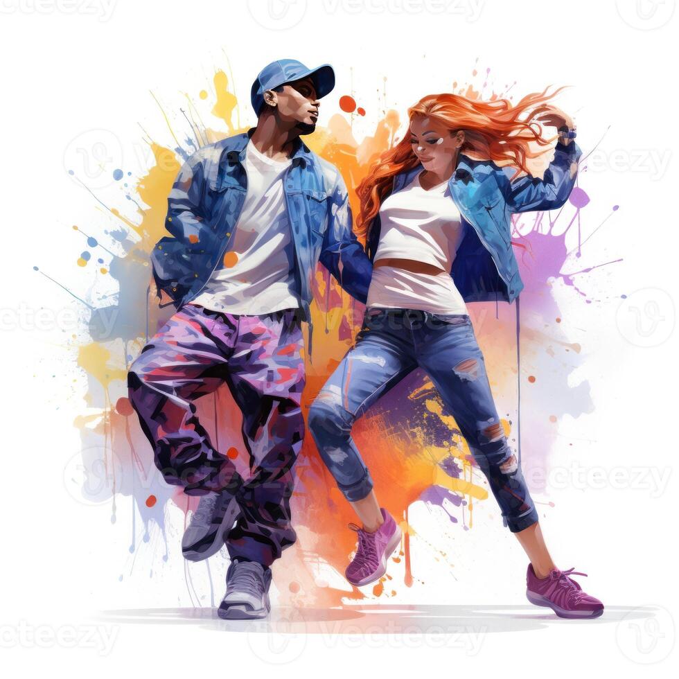 AI generated watercolor break dancing couple with colorful spots and splashes on white background photo