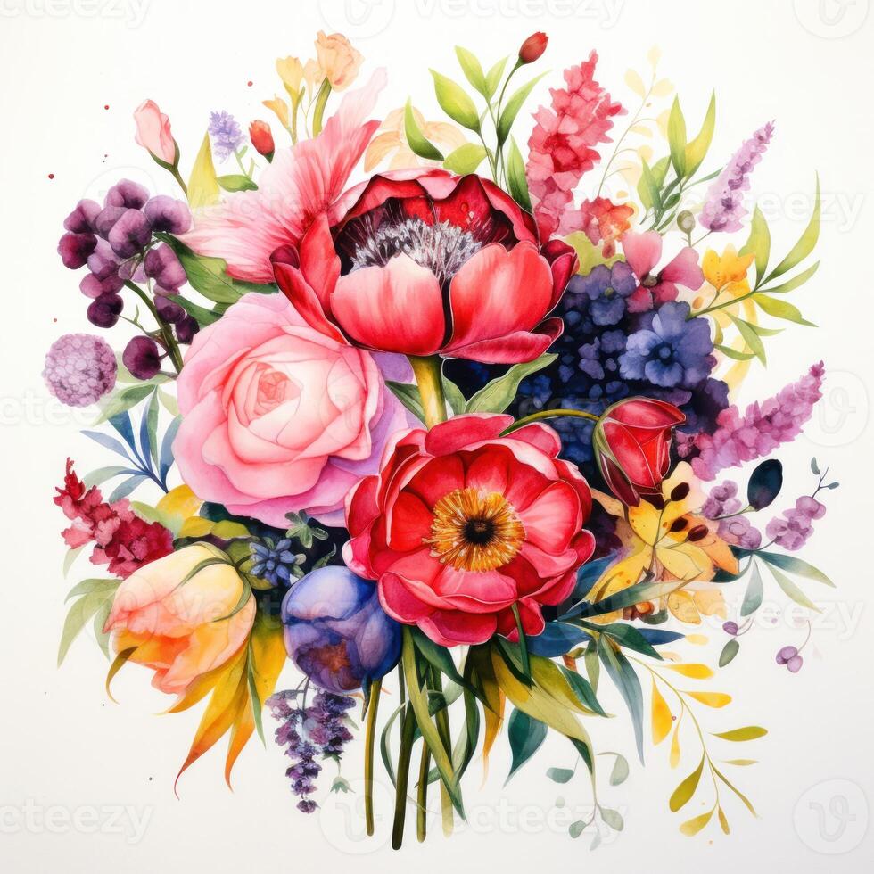 AI generated Watercolor bouquet featuring a variety of flowers photo