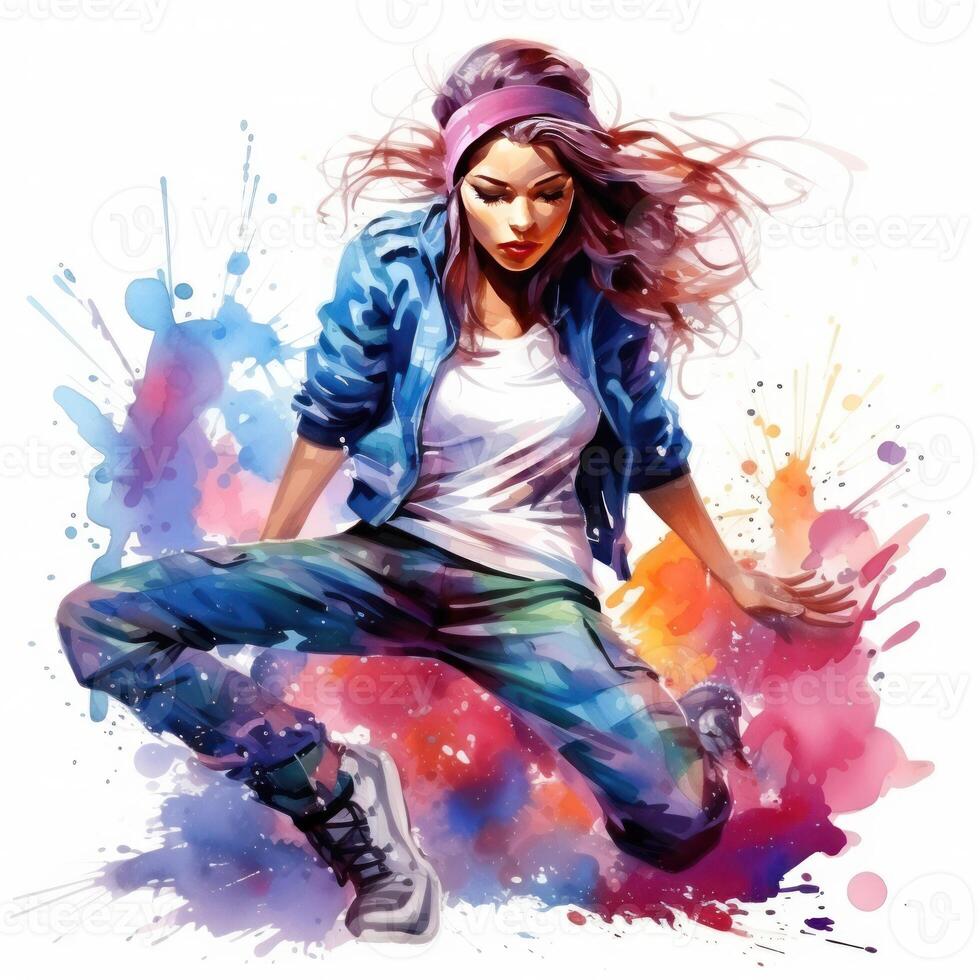 AI generated watercolor break dancing girl with colorful spots and splashes on white background photo