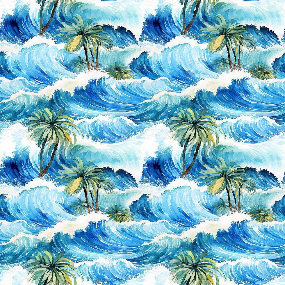 AI generated Watercolor seamless pattern with waves and palms. photo