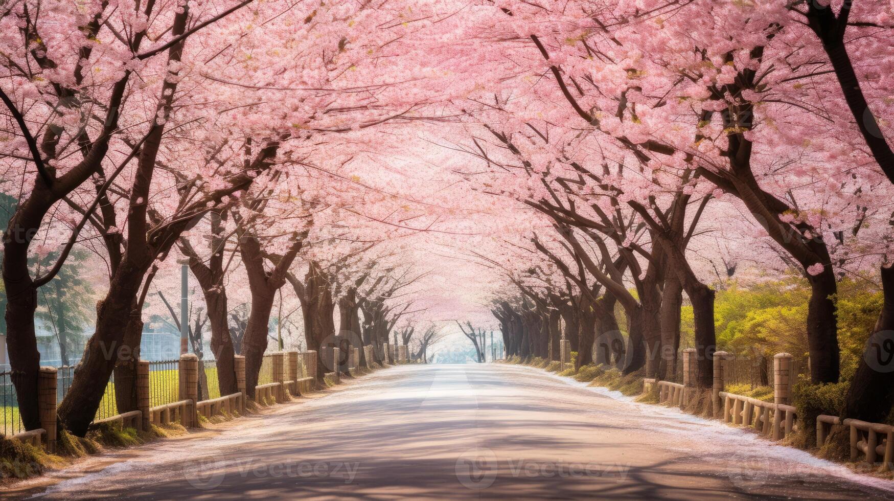 AI generated A road lined with blooming cherry blossoms. Generative AI photo