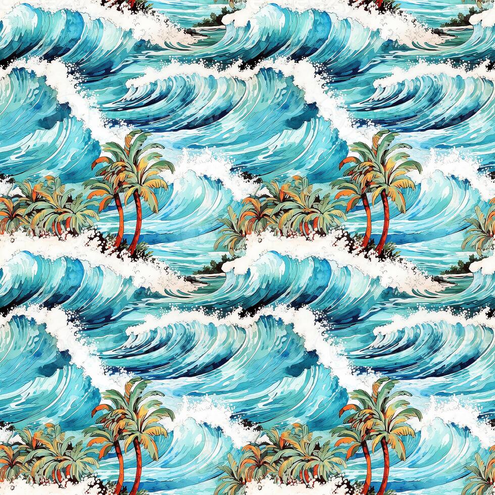 AI generated Watercolor seamless pattern with waves and palms. photo