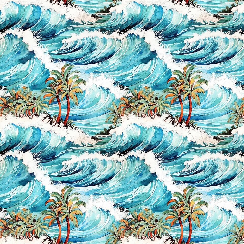 AI generated Watercolor seamless pattern with waves and palms. photo