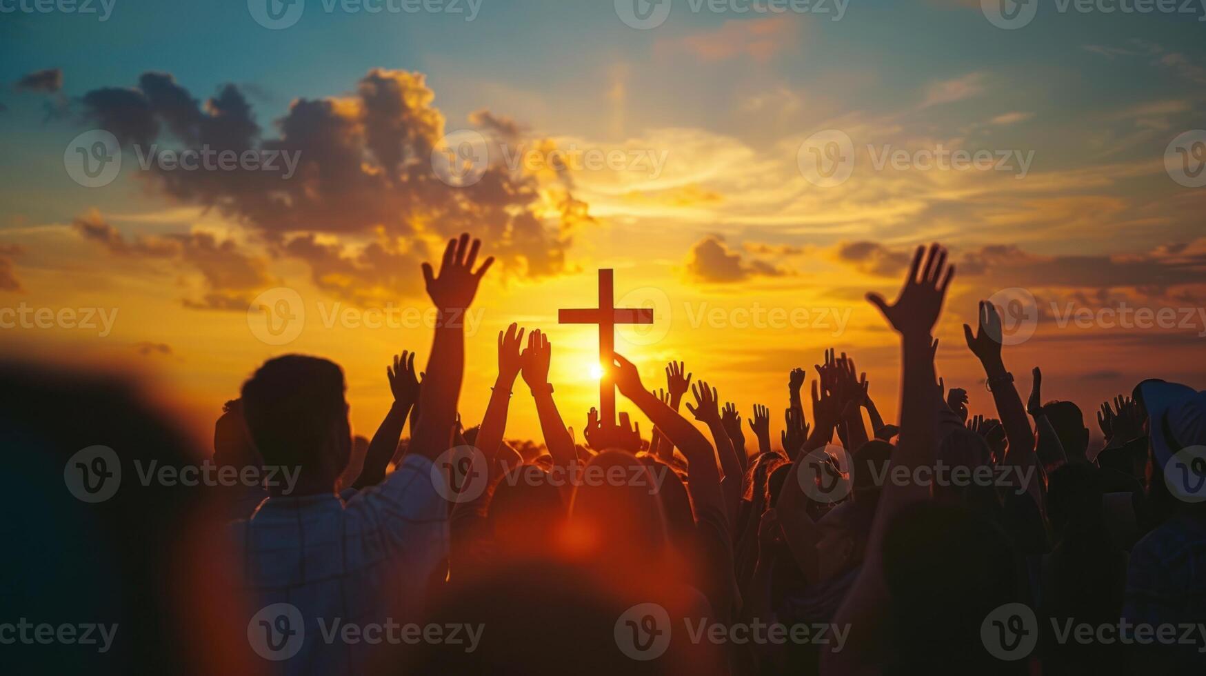 AI generated Christian worshipers lifting their hands towards the cross in devotion photo