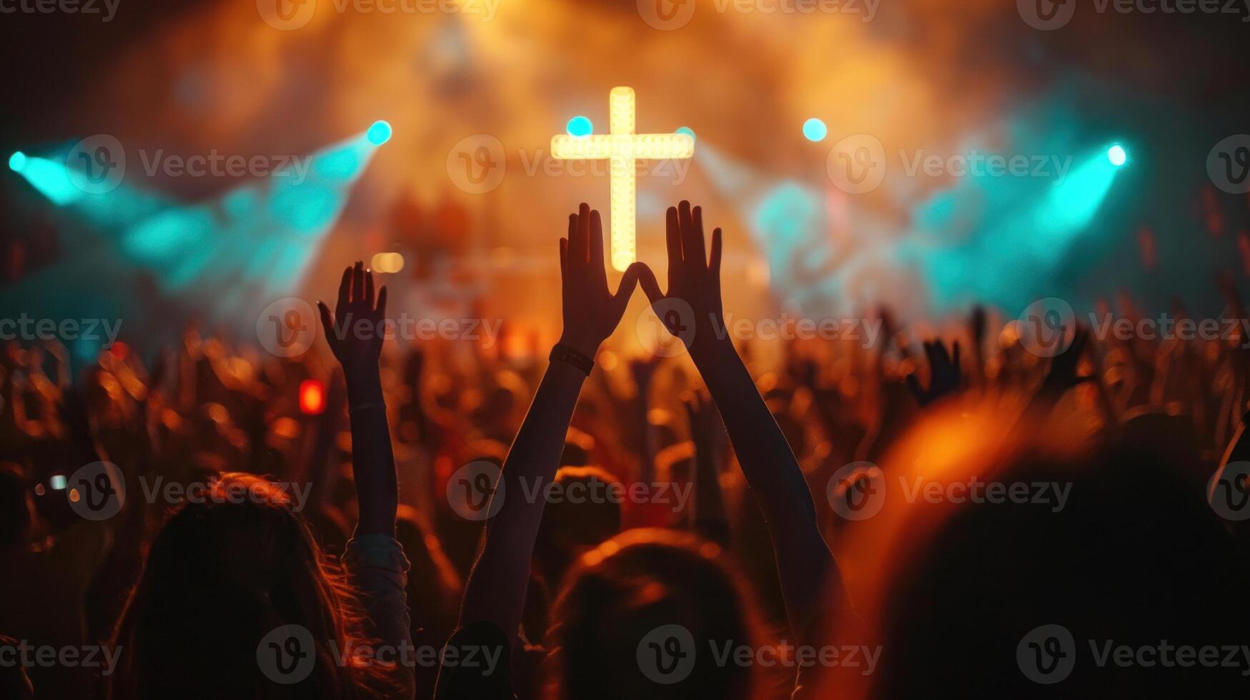 ai generado cristiano adoradores levantamiento su manos hacia el cruzar en devoción foto
