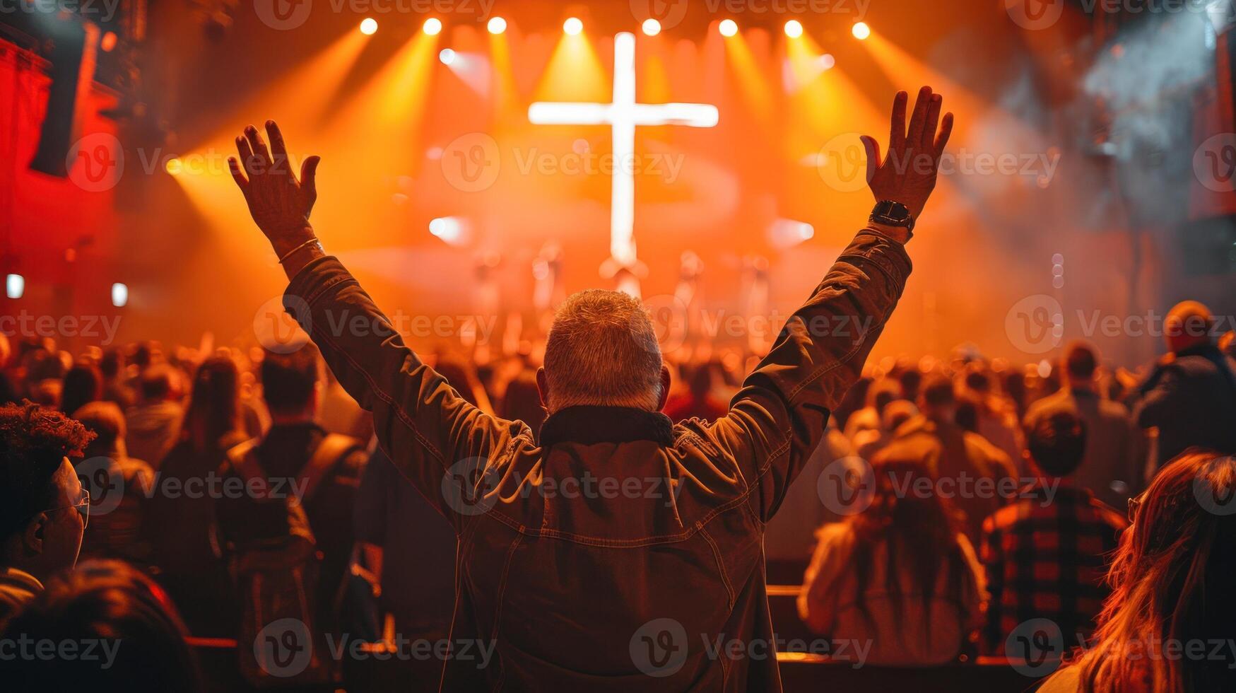 AI generated Christian worshipers raise their hands in devotion towards the cross photo