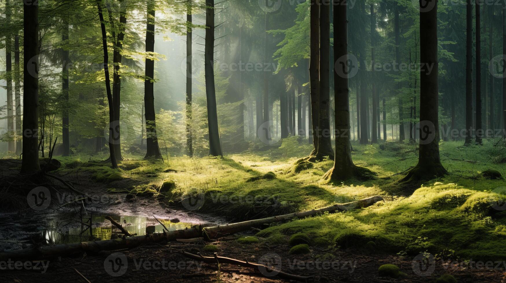 AI generated A serene forest landscape with dappled sunlight filtering through the trees. Generative AI photo