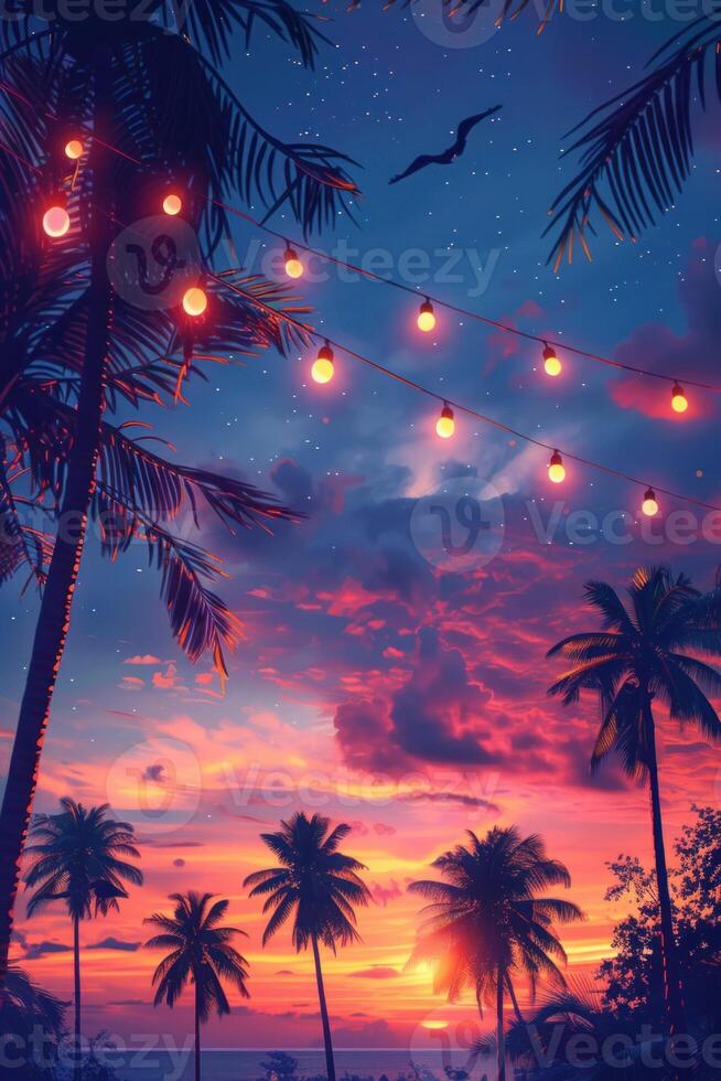 ai generado cadena, palma árboles, y tropical puesta de sol cielo antecedentes foto