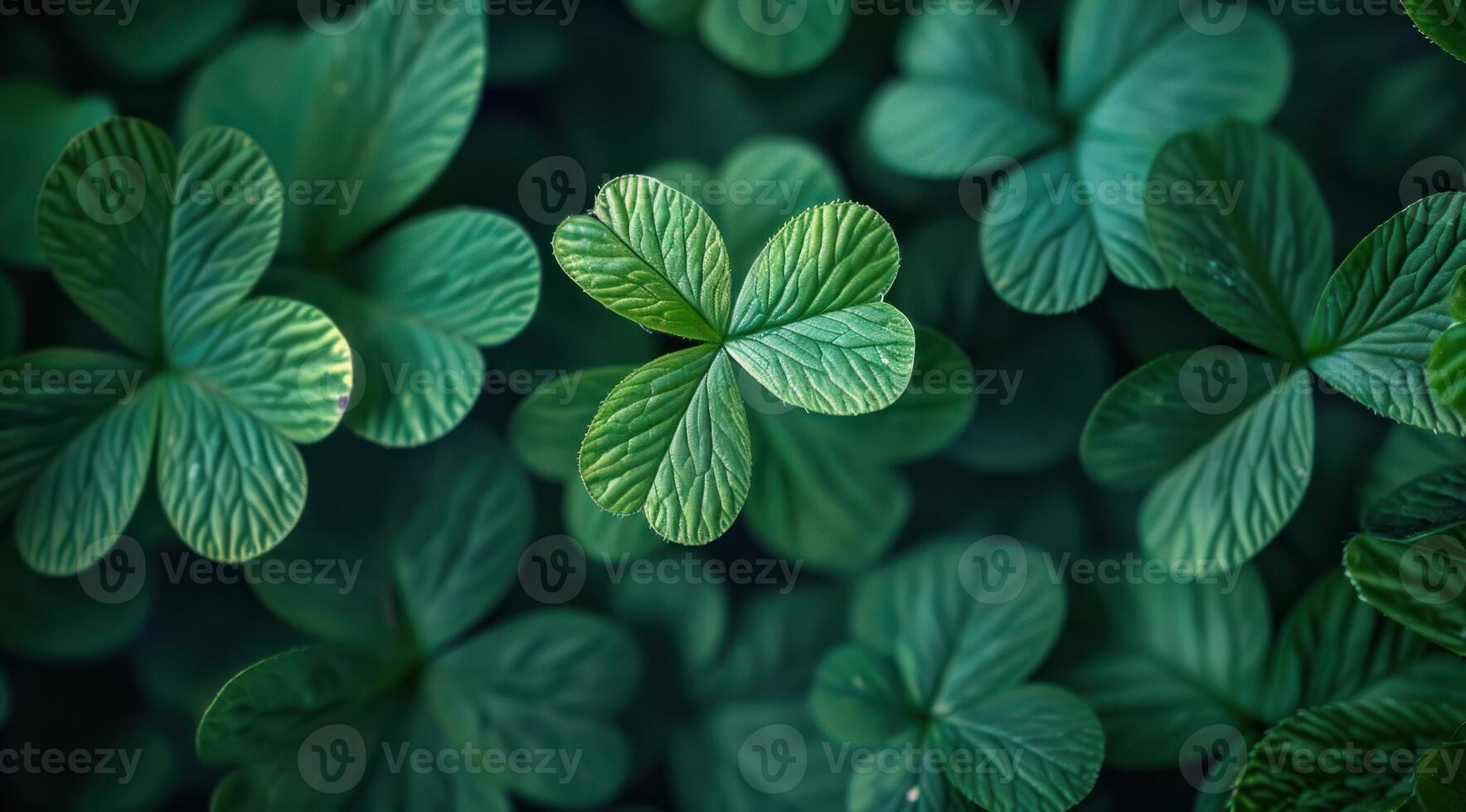 AI generated shamrock leaves are seen closeup against a dark background in a sunny day photo