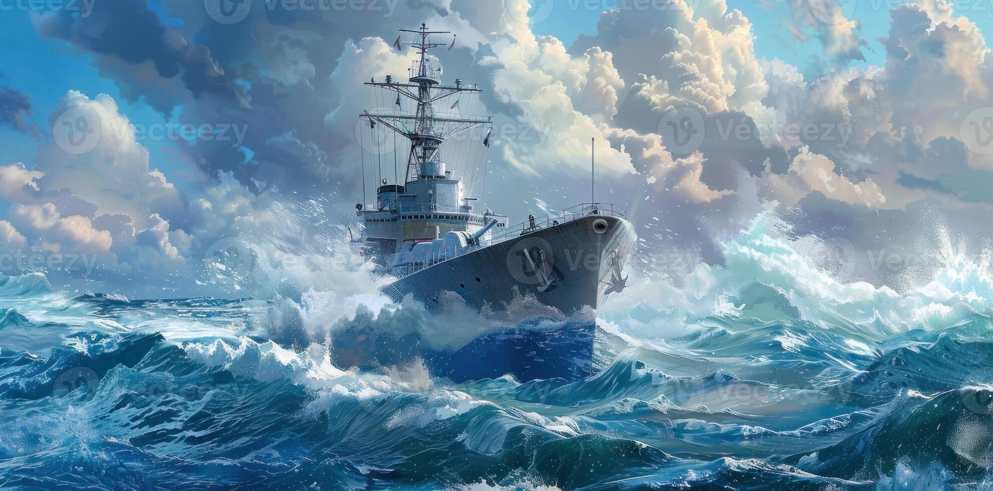 AI generated a military ship in the ocean waves photo