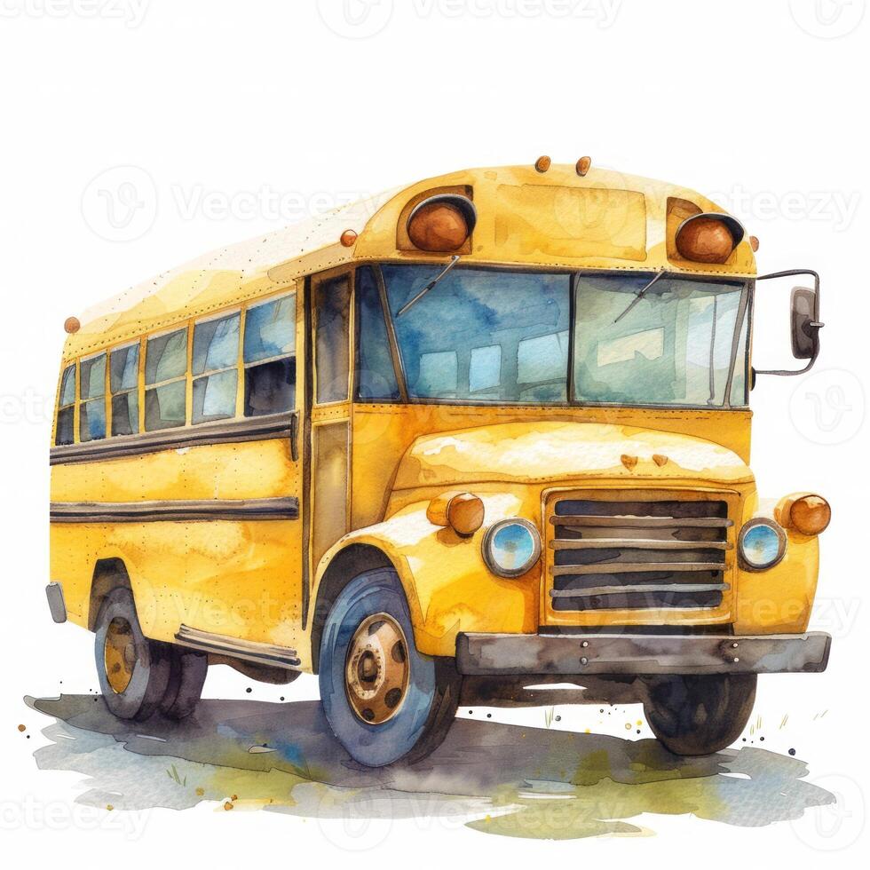 AI generated Cartoon-style watercolor school bus isolated on a white background. photo