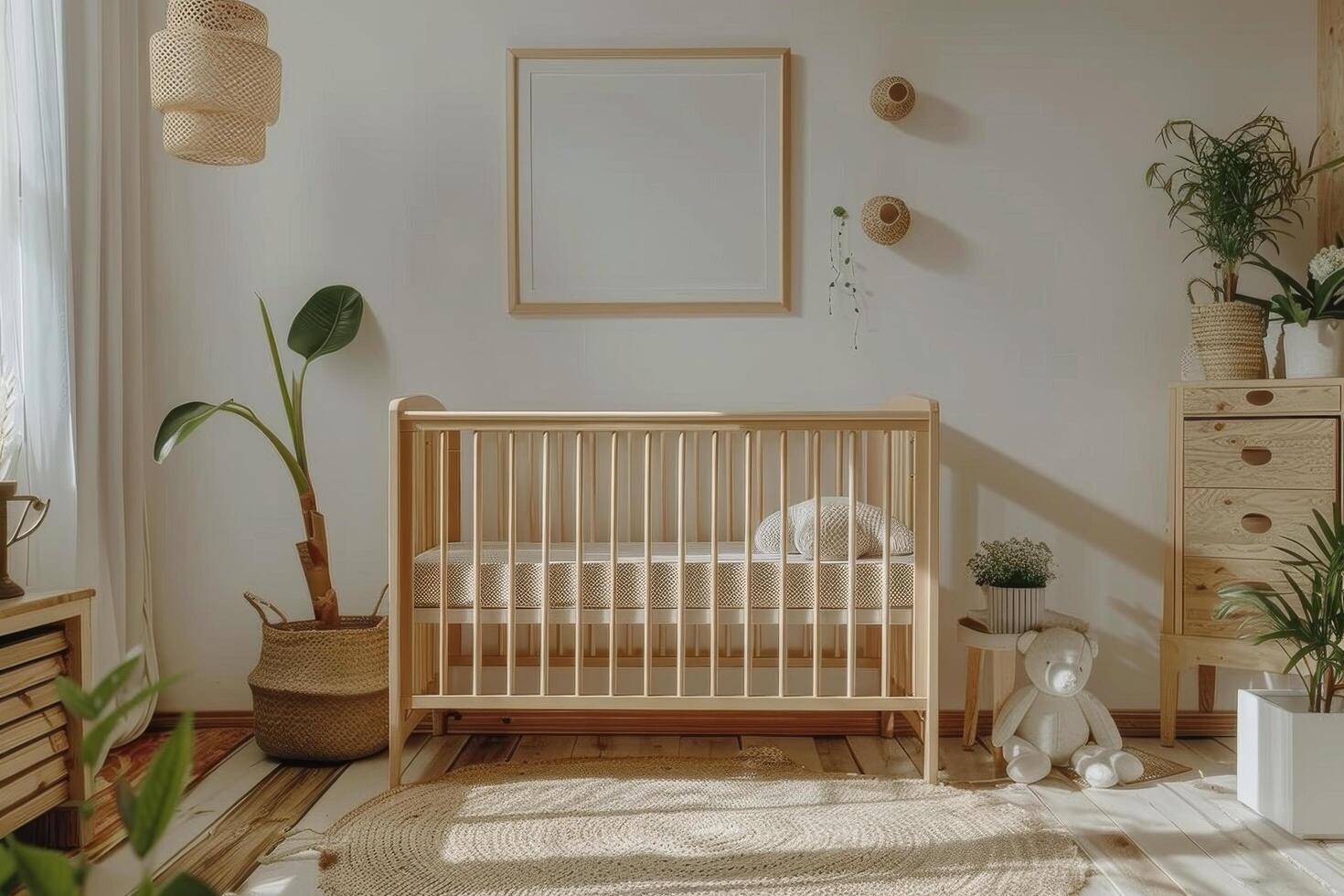 AI generated Babys Room With Crib, Dresser, and Potted Plants photo
