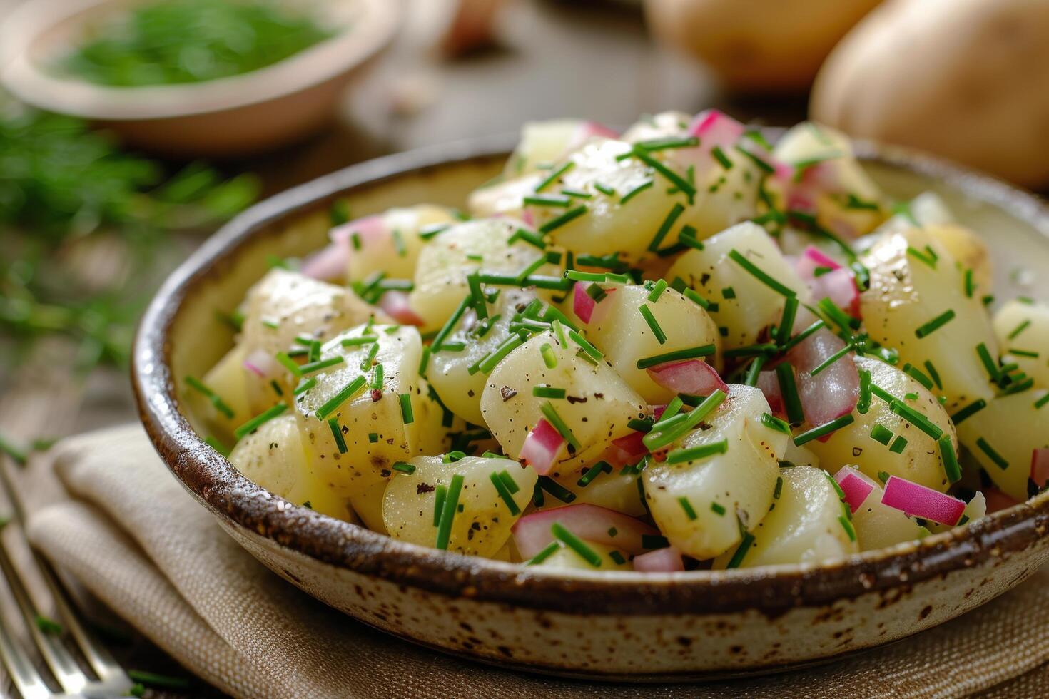 AI generated Bowl of Potato Salad on Table photo