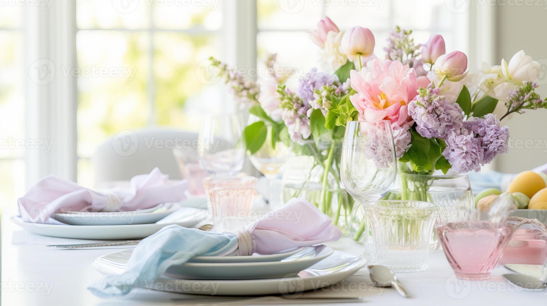 AI generated A springtime table setting with fresh flowers and pastels. Generative AI photo