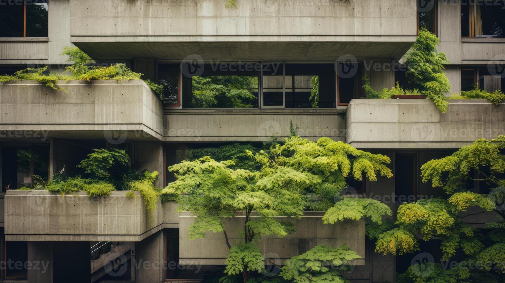 AI generated A striking contrast between brutalist forms and nature. Generative AI photo
