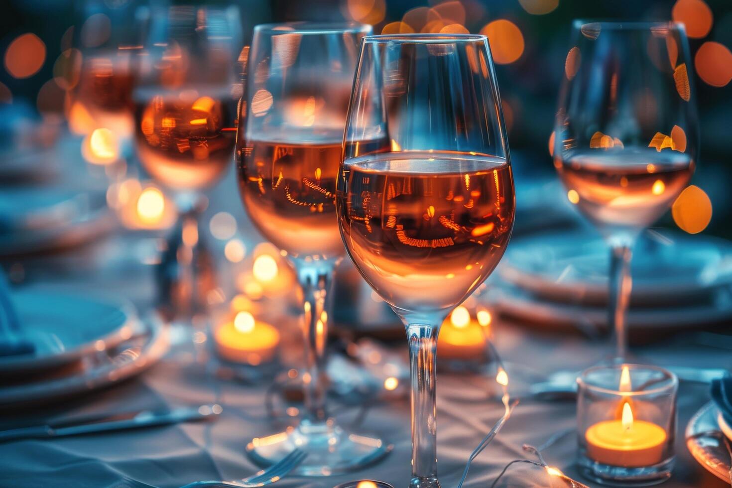 AI generated Row of Wine Glasses on Table photo
