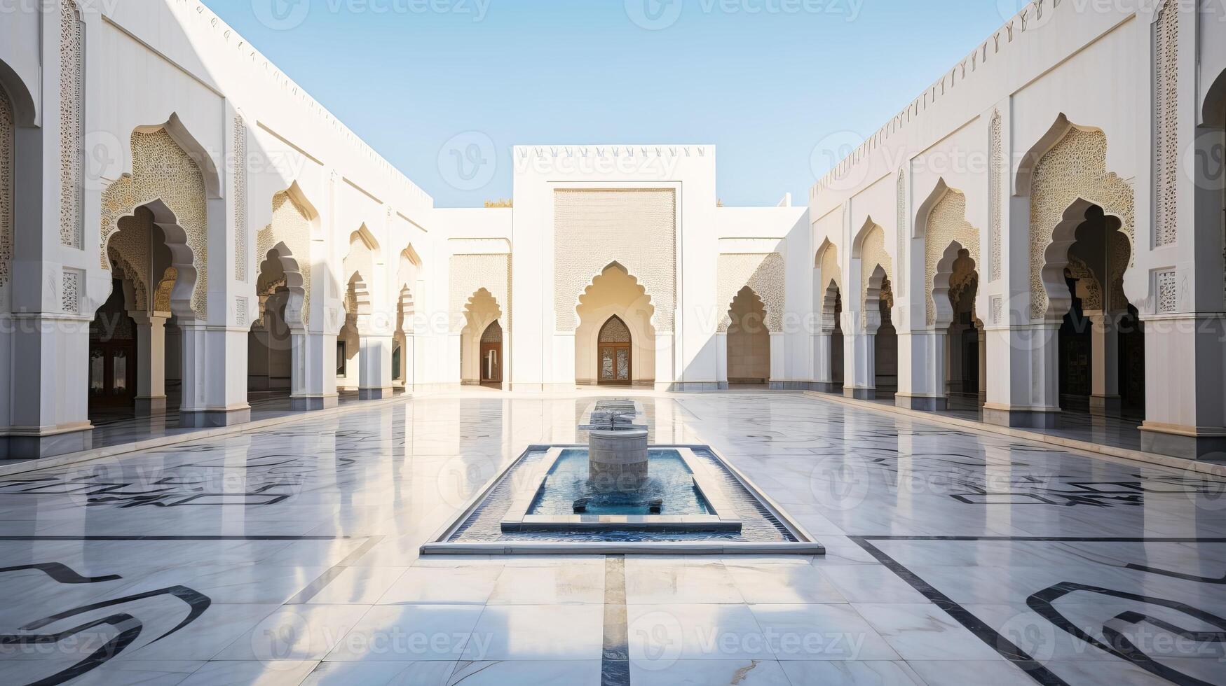 AI generated A tranquil mosque courtyard with marble flooring. Generative AI photo