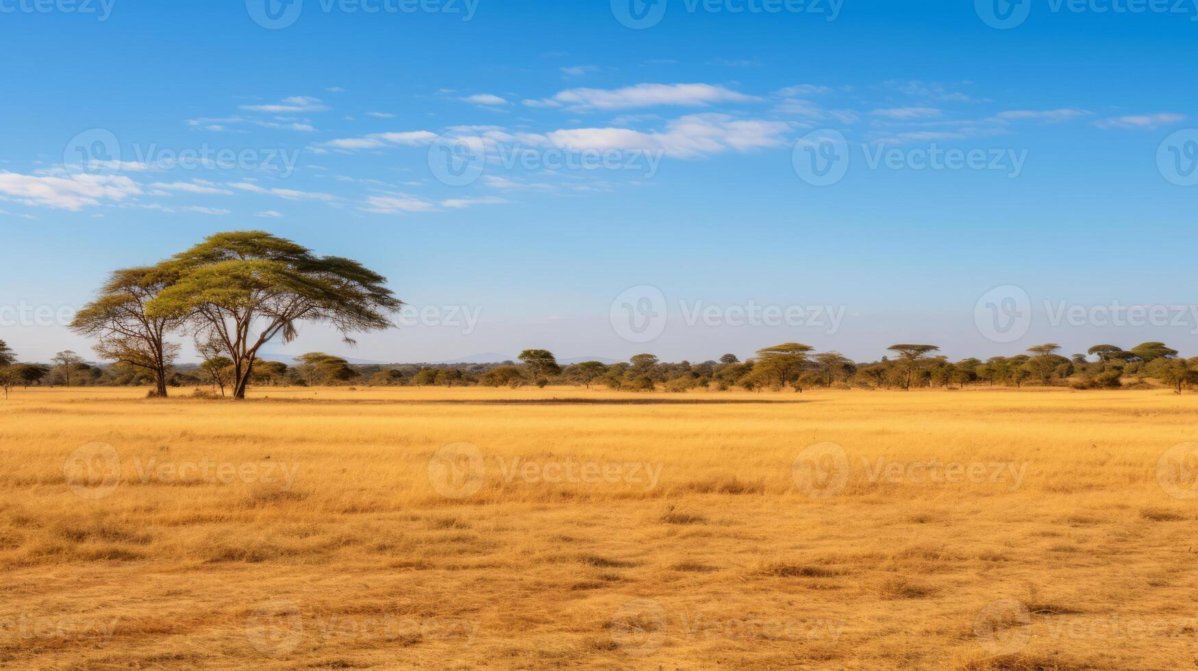 AI generated A vast, golden savanna with acacia trees on the horizon. Generative AI photo