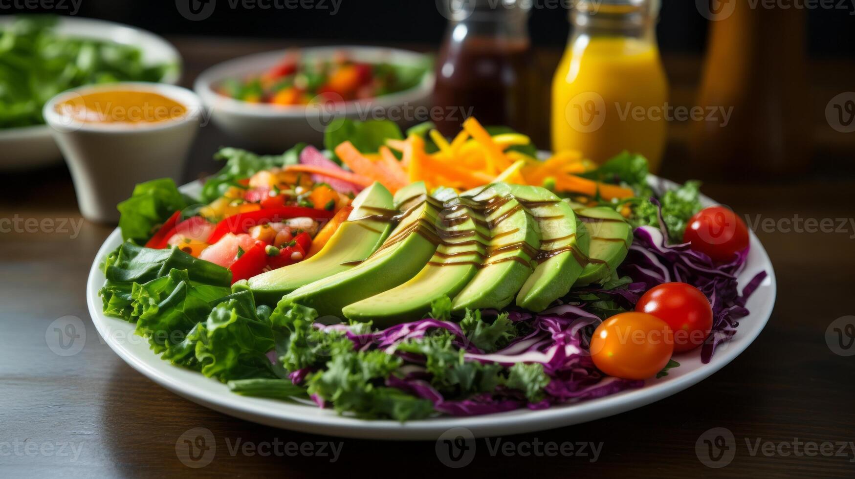 AI generated A vibrant salad with a mix of colorful vegetables and a drizzle of dressing. Generative AI photo