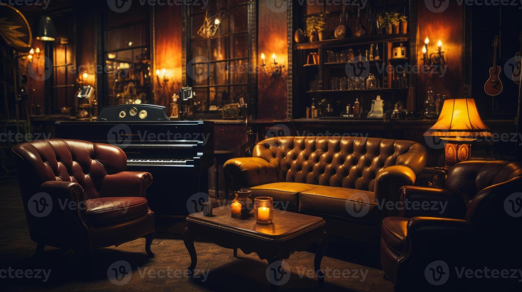 AI generated A vintage speakeasy with jazz music, low lighting, and retro decor for nostalgia. Generative AI photo