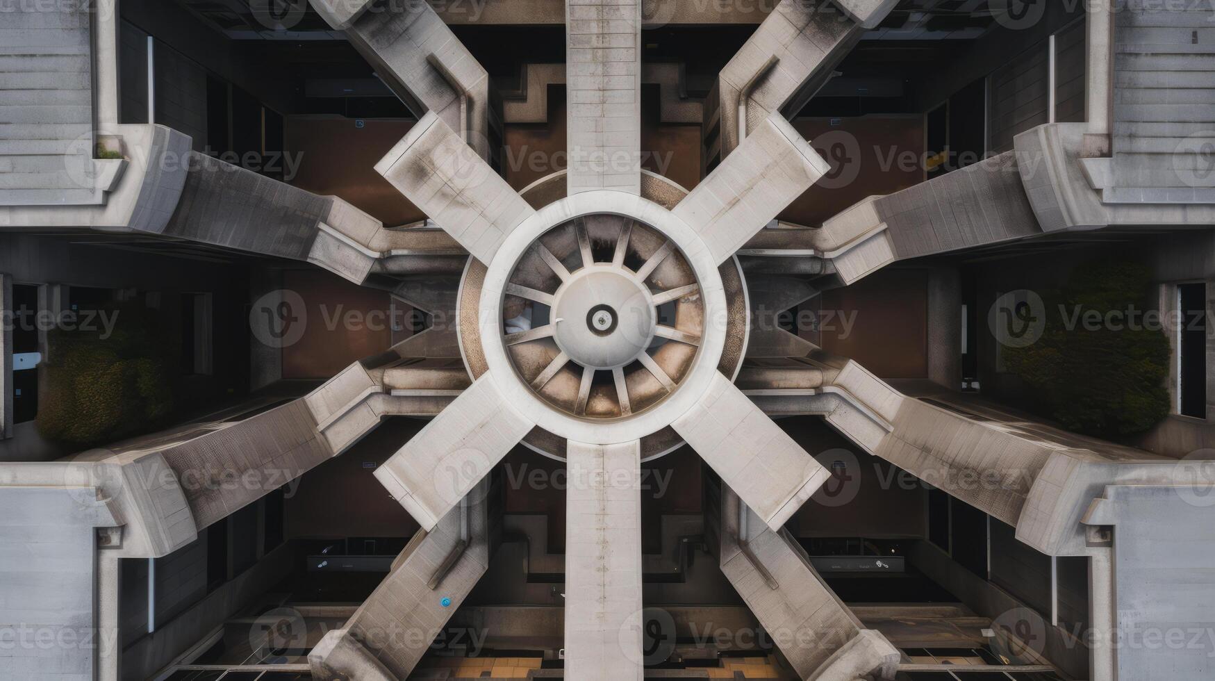 AI generated An overhead view of a symmetrical brutalist structure. Generative AI photo